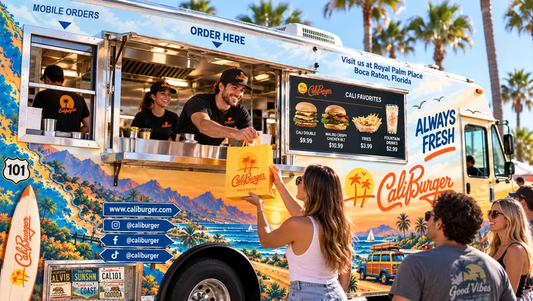 Illustration of the CaliBurger food truck handing a bag to a guest